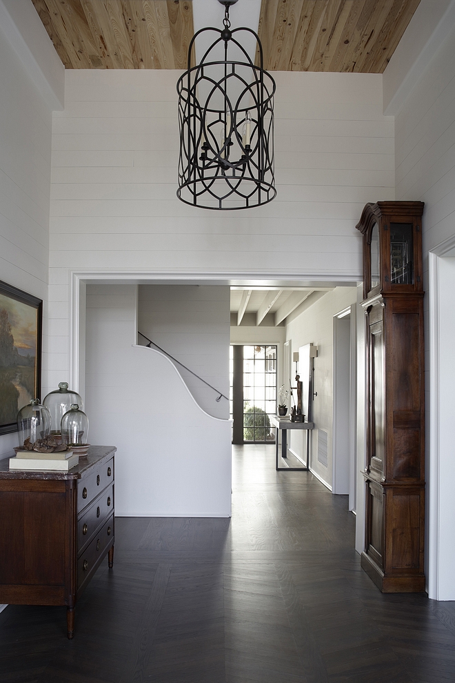 Benjamin Moore White Dove OC-17 The foyer features Pecky Cypress Ceilings and Pine wall paneling painted in Benjamin Moore White Dove OC-17 Benjamin Moore White Dove OC-17 #BenjaminMooreWhiteDoveOC17 #BenjaminMooreWhiteDove #BenjaminMooreOC17