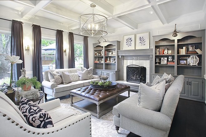 Chelsea Gray by Benjamin Moore Living Room Built-in Cabinets are Chelsea Gray by Benjamin Moore Chelsea Gray by Benjamin Moore Built-in Cabinets are Chelsea Gray by Benjamin Moore Coffered Ceiling is SW Dover White #ChelseaGraybyBenjaminMoore