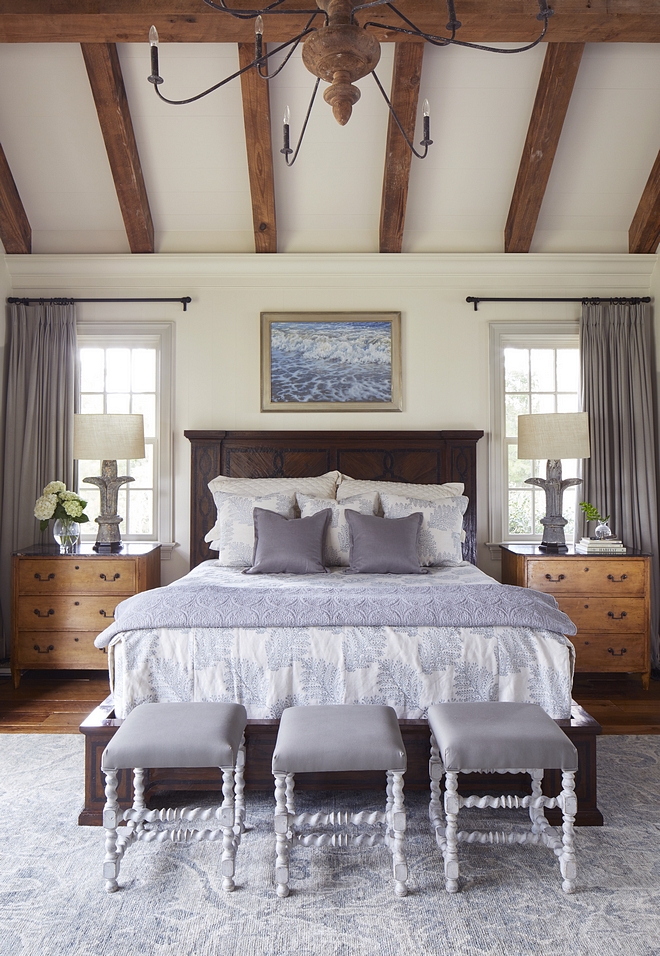 Main Floor Master Bedroom The master bedroom has a vaulted ceiling and reclaimed heart pine beams to give the space a sense of scale Main Floor Master Bedroom #MainFloorMasterBedroom #MasterBedroom #Bedroom