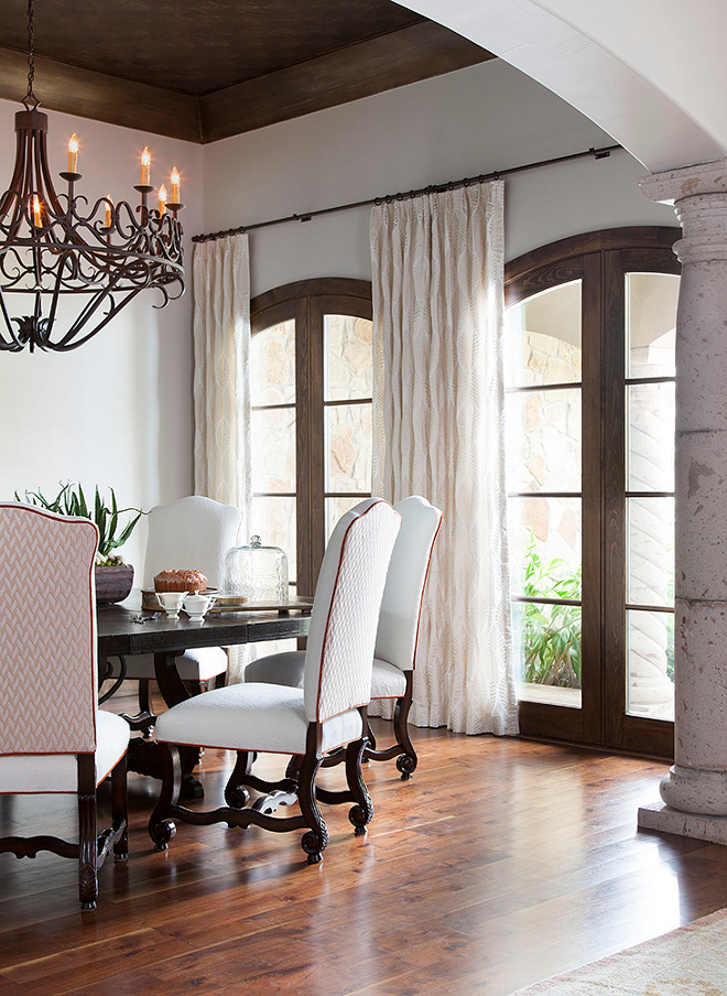 Dining Room Recovered dining chairs, reupholster dining chairs in a textured off white fabric Recovered dining chairs, reupholster dining chairs in a textured off white fabric on inside seat and front upper Back to have contrast fabric ornate pattern with rust trim #diningroom #diningchairs