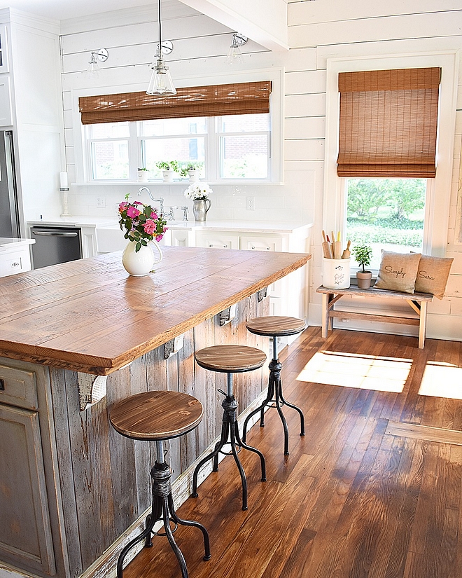 Kitchen Island Custom made from salvaged wood from one of the oldest houses in North Louisiana Barnwood countertop is from a 100 year old salvaged barn, a parish over #KitchenIsland #barnwood #salvagewood #island #kitchen #reclaimedwood