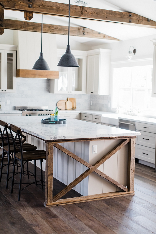 Kitchne island The island ends feature vertical shiplap To bring in a contrasting material we added the custom barnwood ‘x’ detail to each end of the island #kitchenisland #kitchneisland #xisland #xdetail #shiplap