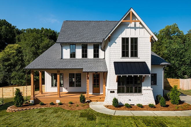 White Farmhouse with shingle and painted bric exterior Benjamin Moore Balboa Mist paint color #WhiteFarmhouse #Farmhouse #exterior #BenjaminMooreBalboaMist