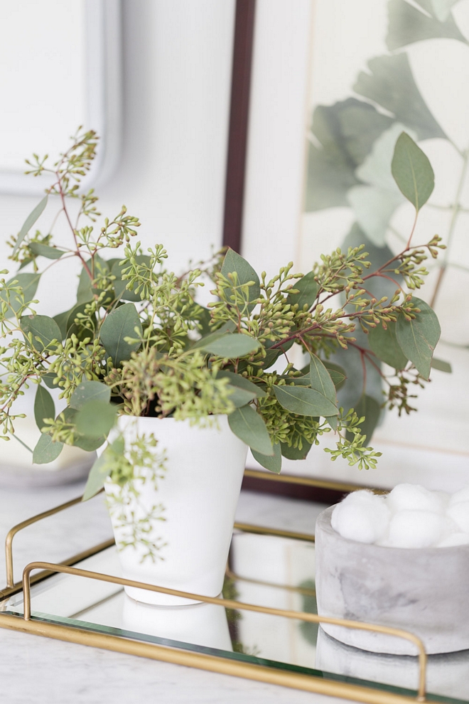 Bathroom decor Bathroom tray decor Beautiful counter decor complements this bathroom 2540 Love ©AlyssaRosenheck #bathroomdecor #traydecor #bathroomtraydecor