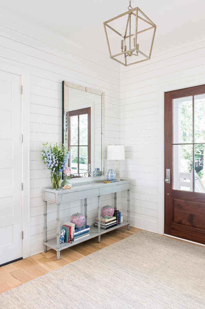 Benjamin Moore Chantilly Lace Benjamin Moore Chantilly Lace White shiplap foyer painted in Benjamin Moore Chantilly Lace #BenjaminMooreChantillyLace