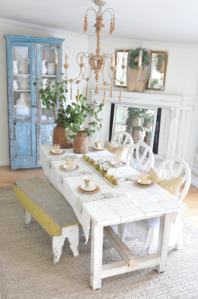 Farmhouse Fall Decor This is our dining room decorated in a Vintage French Country Farmhouse style with a perfect mix of vintage and new The #farmtable is custom built by my husband, painted in Bistro White by Valspar Farmhouse Fall Decor Farmhouse Fall Decor #FarmhouseFallDecor #FarmhouseFall