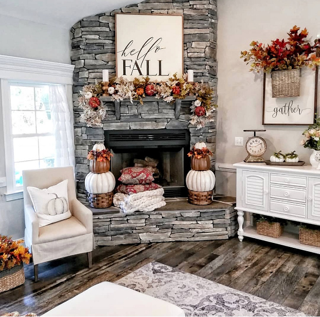 Farmhouse Fall Fireplace Decor Easily stack fall bushes (bush over stem) to create a luscious, full garland. Wire a bush on each end to drape. Tuck in some artificial pumpkins and it's amazing