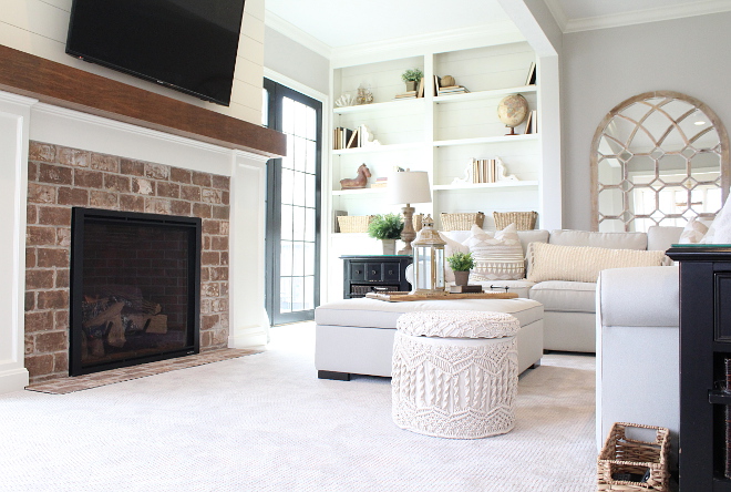 Living Room with brick and shiplap fireplace Mantle is stained to match countertop which is the Country Pine #brickandshiplapfireplace #fireplace #livingroom