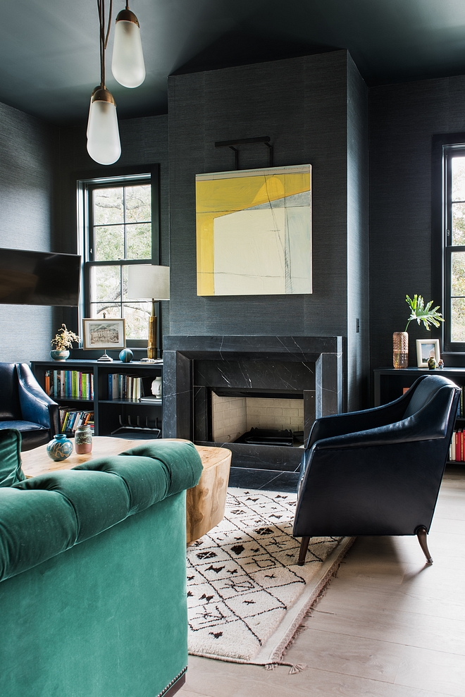 Farrow and Ball Blue Black Cabinetry Flanking Fireplace and Trim Paint Color Farrow and Ball Blue Black Farrow and Ball Blue Black #FarrowandBallBlueBlack