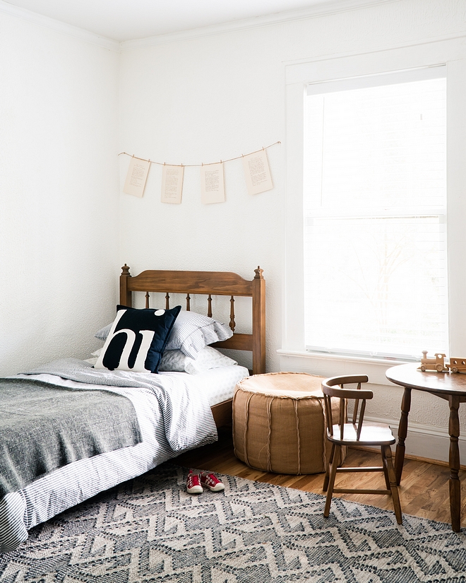 Farmhouse kids bedroom painted in Behr Ultra Pure White #farmhousebedroom #BehrUltraPureWhite