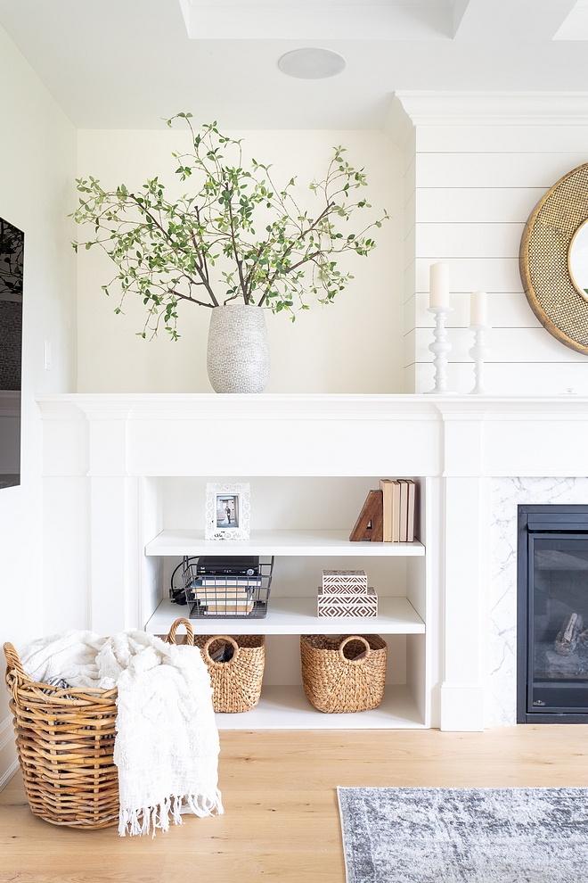 Benjamin Moore Simply White Trim, fireplace and built-ins are Benjamin Moore Simply White #BenjaminMooreSimplyWhite