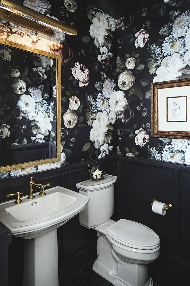 Powder Room Although quite dramatic, this powder room feels timeless and current The paint color for the wainscot and ceiling is Dunn Edwards, Dark Engine, DE6350 #PowderRoom #wainscot
