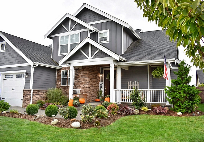 Home exterior paint color is "Grey Tabby" by Glidden