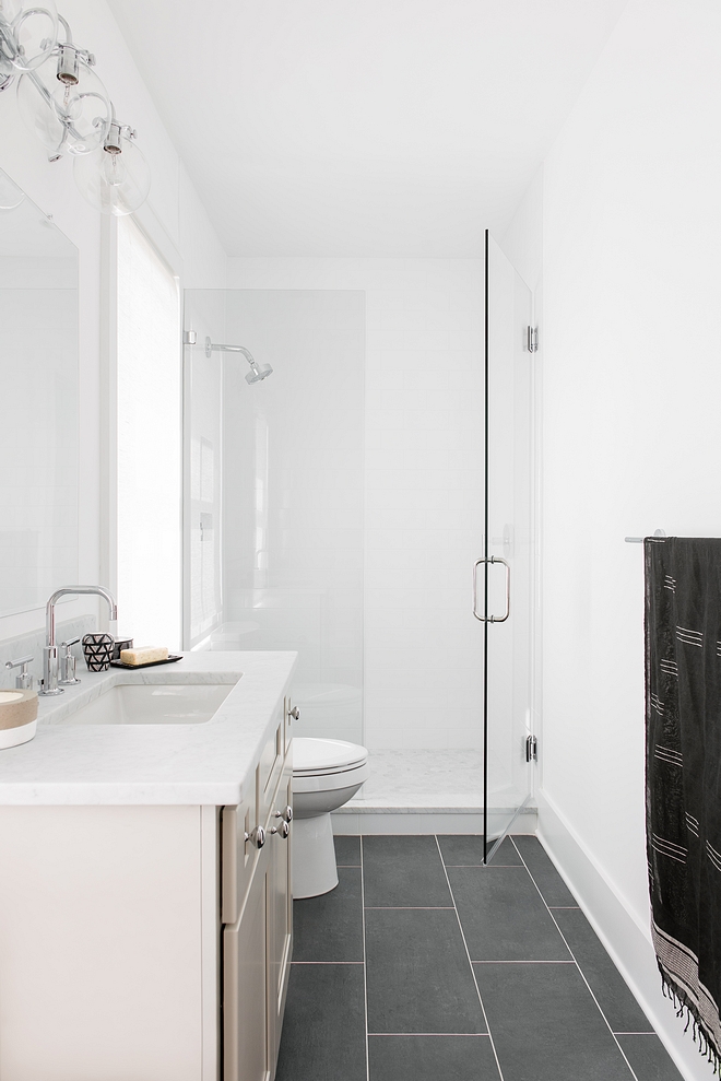 Crisp white bathroom with Black Slate Floor Tile Bathroom Black Slate Floor Tile #BlackSlateFloorTile