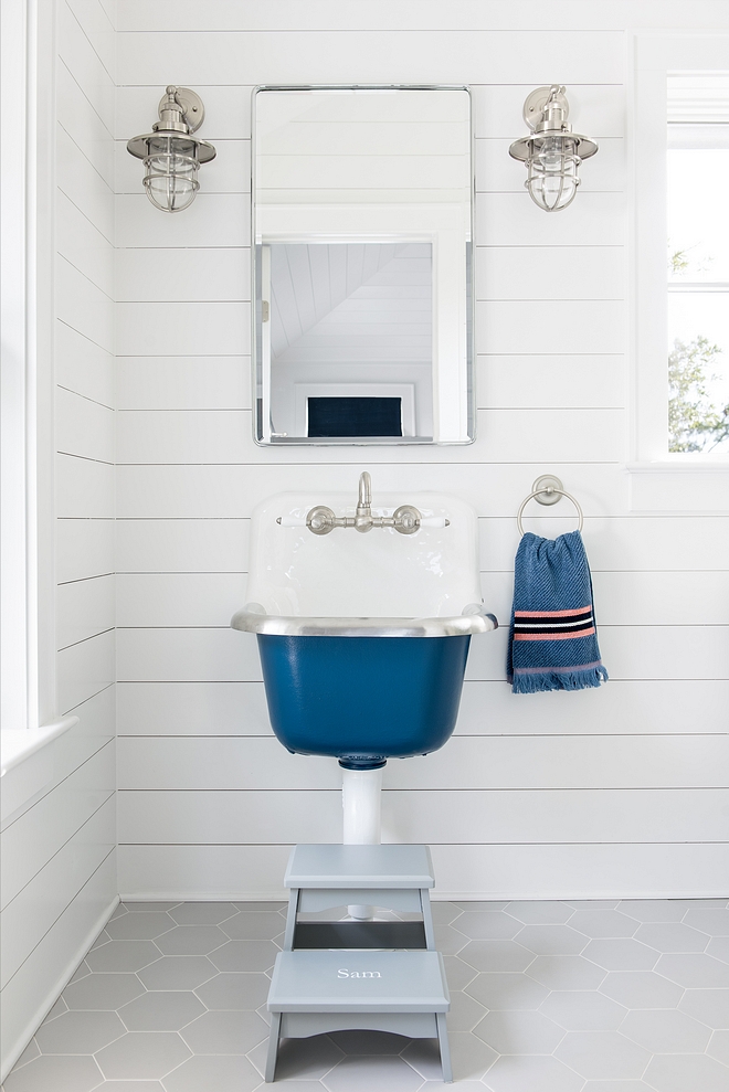 Benjamin Moore 1680 Hudson Bay Costal bathroom with Kohler sink painted in Benjamin Moore 1680 Hudson Bay #BenjaminMoore1680HudsonBay #BenjaminMoore