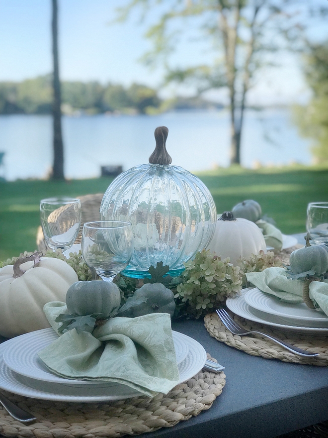 Outdoor Fall decor I like to create a natural look for the table decor by using hydrangeas and other greenery from my garden #Fall #outdoordecor