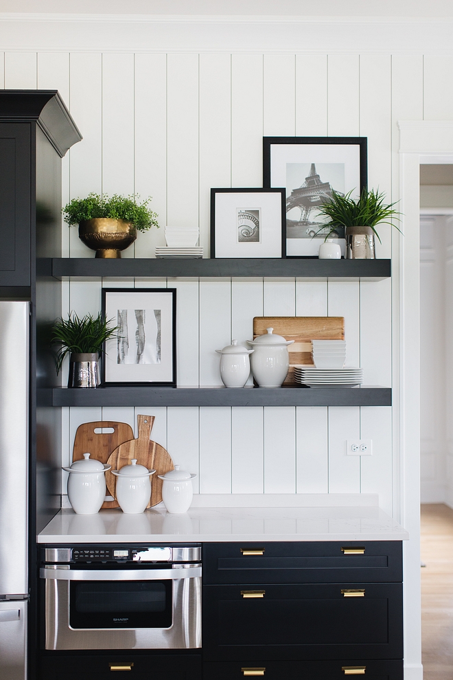 Kitchen Coffee Station Cabinet with floating shelves and vertical plank backplash Kitchen Coffee Station Cabinet with floating shelves and vertical plank backplash #Kitchen #CoffeeStation #Cabinet #floatingshelves #plank #backplash