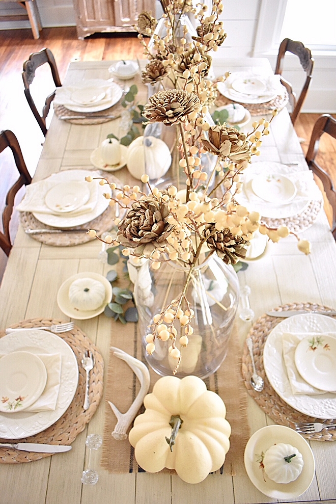 Fall tablescape In keeping with the neutral theme in my home, I wanted my fall décor to reflect the same peaceful calming atmosphere. Thus I chose to incorporate white pumpkins, muted green eucalyptus and lots of white and off-white into my tablescape #falltablescape #neutraltablescape