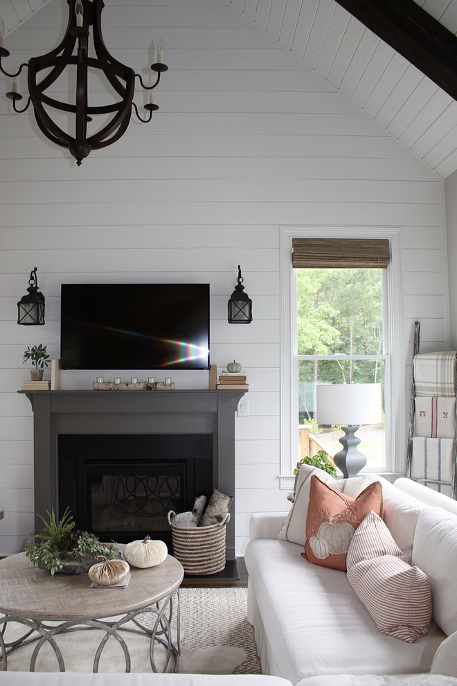 Shiplap Valted ceiling with shiplap and beams fireplace with shiplap accent wall with shiplap #shiplap