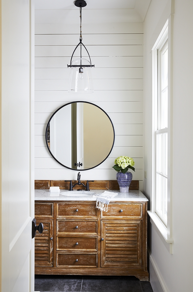 Driftwood vanity The master bathroom feels rustic and warm thanks to a pair of Driftwood vanities and shiplap See source for driftwood vanity on the blog #Driftwoodvanity