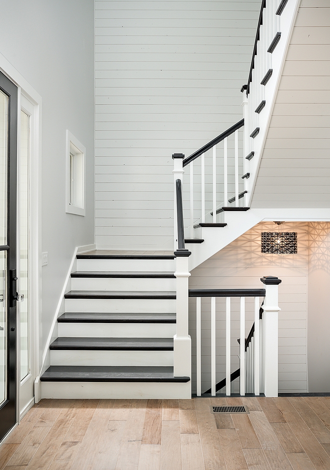 Shiplap was installed, not only on the wall, but also as paneling on the bottom of staircase This gives a seamless look to the entire space Shiplap paint color is White Dove OC 17 Benjamin Moore #shiplap #staircase #shiplapstaircase #WhiteDoveOC17BenjaminMoore
