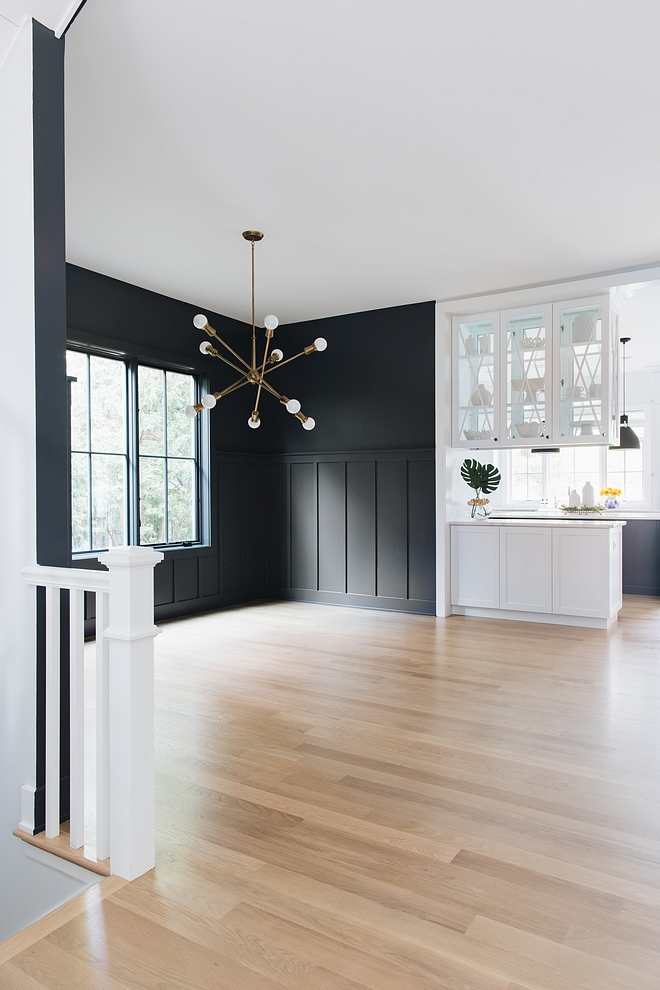 Sherwin Williams Peppercorn SW 7674 The dining room features a board and batten wainscoting Paint color is Sherwin Williams Peppercorn SW 7674 #SherwinWilliamsPeppercornSW7674 #SherwinWilliamsPeppercorn #SW7674