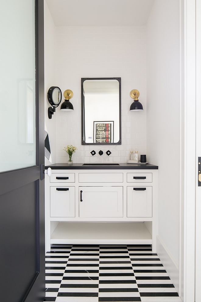 Black and white bathroom with black and white marble flooring Black and white bathroom design Black and white bathroom ideas modernfarmhouse Black and white bathroom #Blackandwhitebathroom