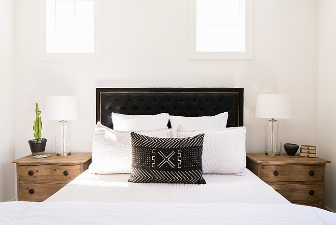Black and white bedroom with white bedding