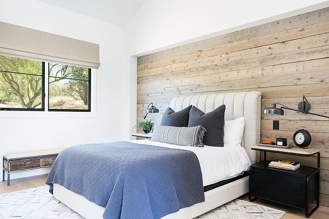 Flat Swiss Coffee by Dunn Edwards bedroom with reclaimed wood shiplap Flat Swiss Coffee by Dunn Edwards #SwissCoffeeDunnEdwards