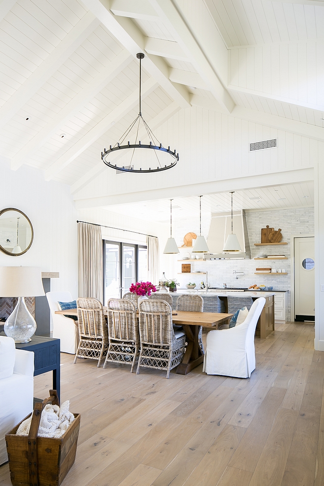 Modern Farmhouse Kitchen and dining room with painted plank and beam ceiling paint color Benjamin Moore White Dove #modernfarmhosuekitchen #paintedbeam #paintedplankceiling #beampaintcolor #BenjaminMooreWhiteDove