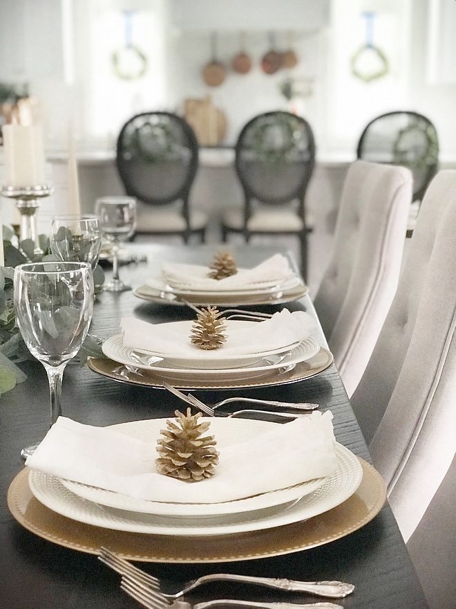 My dining tablescape decor will likely change a few times before we actually enjoy Christmas brunch and dinner around it. I’ll add a long fresh flower centrepiece and add silver or gold candles (or both) and keep it simple and elegant
