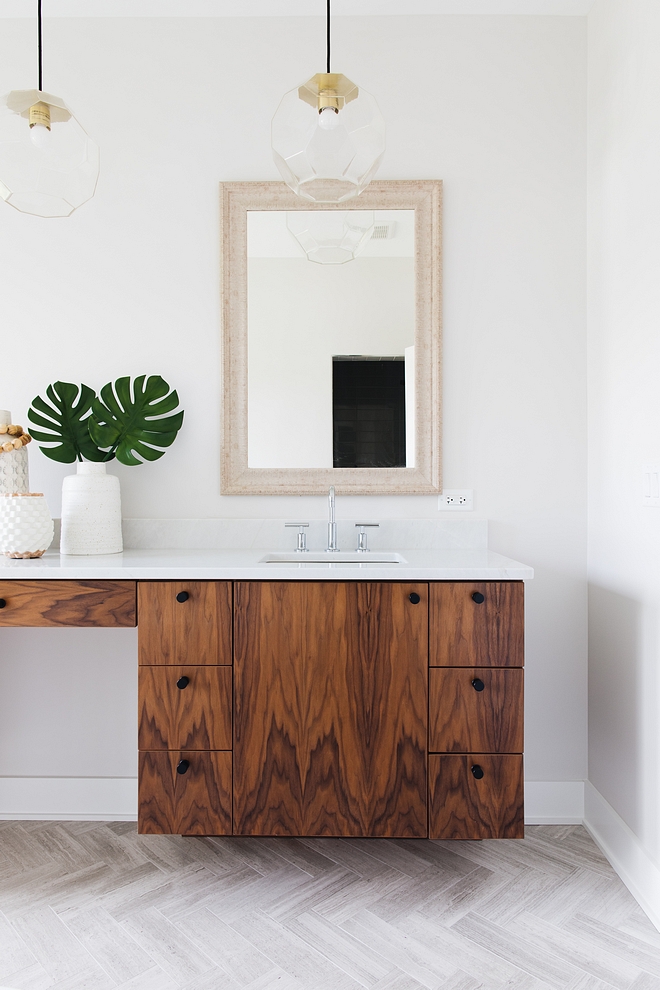 This gorgeous vanity is custom and it's made out of of clear Walnut #vanity #Walnut