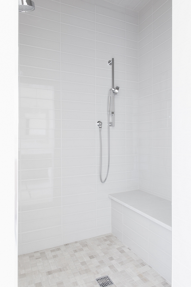 Shower tile 4x16 warm grey glossy tile #showertile #greytile #greyshower