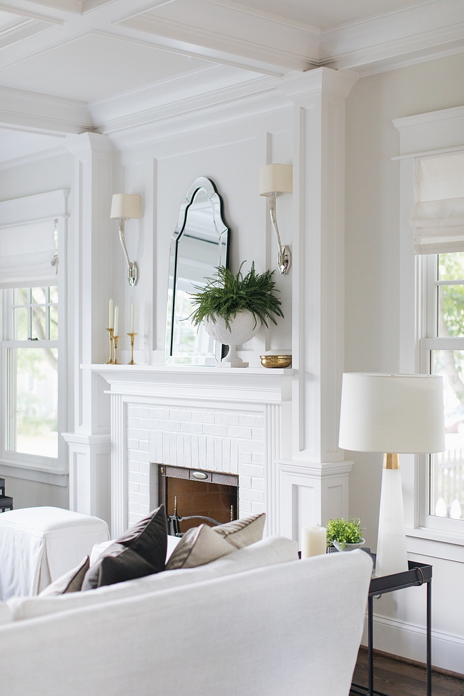 Benjamin Moore Decorator White Coffered ceiling Trim and Fireplace are painted in Benjamin Moore Decorator White Paint Color Benjamin Moore Decorator White Benjamin Moore Decorator White #BenjaminMooreDecoratorWhite