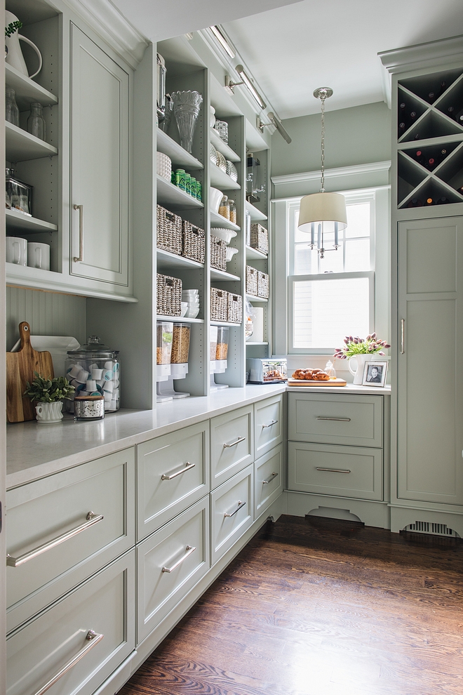 Grey Cabinet Paint Color RH Silver Sage The scullery features floor-to-ceiling green/grey custom designed and crafted cabinetry Paint color is RH Silver Sage Grey Cabinet Paint Color RH Silver Sage Grey Cabinet Paint Color RH Silver Sage #GreyCabinetPaintColor #GreyCabinet #PaintColor #RHSilverSage