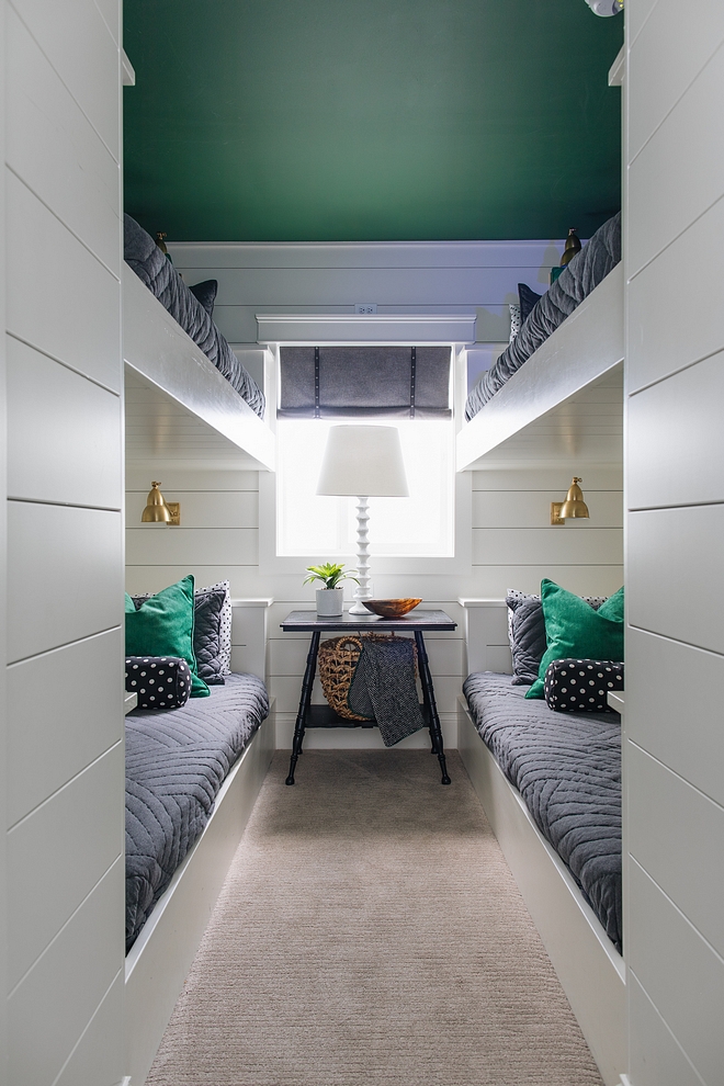 Bunk room with custom bunk beds shiplap and ceiling painted in Benjamin Moore emerald #bunkroom #bunkbeds #shiplap #bunkroomshiplap #custombunkbeds