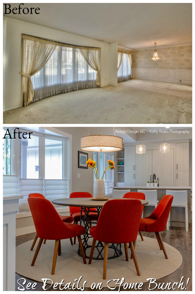 Before and after dining room and kitchen renovation pictures The new kitchen and dining room is located where the former living room and dining room used to be. Notice the bay windows. The windows were changed but they were placed in the same spot #Beforeandafter #diningroom #kitchen