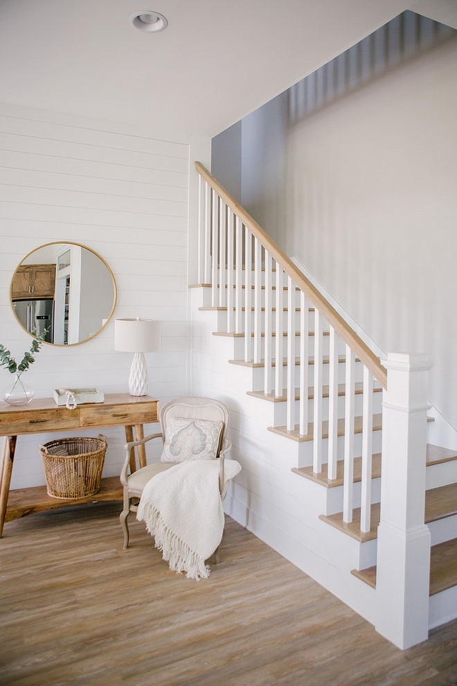 Staircase with shiplap, white spindles, white newel post and White Oak treads Staircase with shiplap, white spindles, white newel post and White Oak treads Staircase with shiplap, white spindles, white newel post and White Oak treads #Staircase #shiplap #shiplapstaircase #whitespindles #whitenewelpost #newelpost #WhiteOaktreads