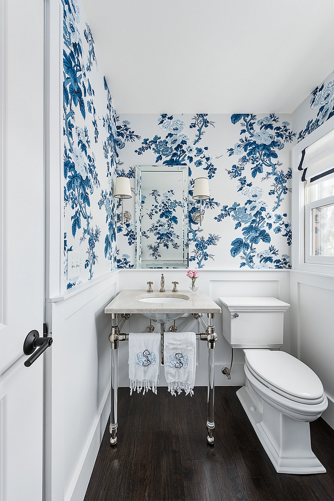 Benjamin Moore Super White Bathroom wainscotting with Blue and white floral wallpaper above wainscotting Benjamin Moore Super White Benjamin Moore Super White #BenjaminMooreSuperWhite #BenjaminMoore #wainscotting #Blueandwhite #floralwallpaper