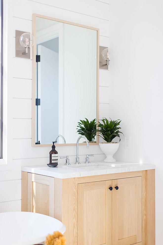 Bathroom paint color White by Benjamin Moore shiplap walls with Bleached White Oak Cabinetry Bathroom paint color White by Benjamin Moore shiplap #Bathroompaintcolor #WhitebyBenjaminMoore #shiplap