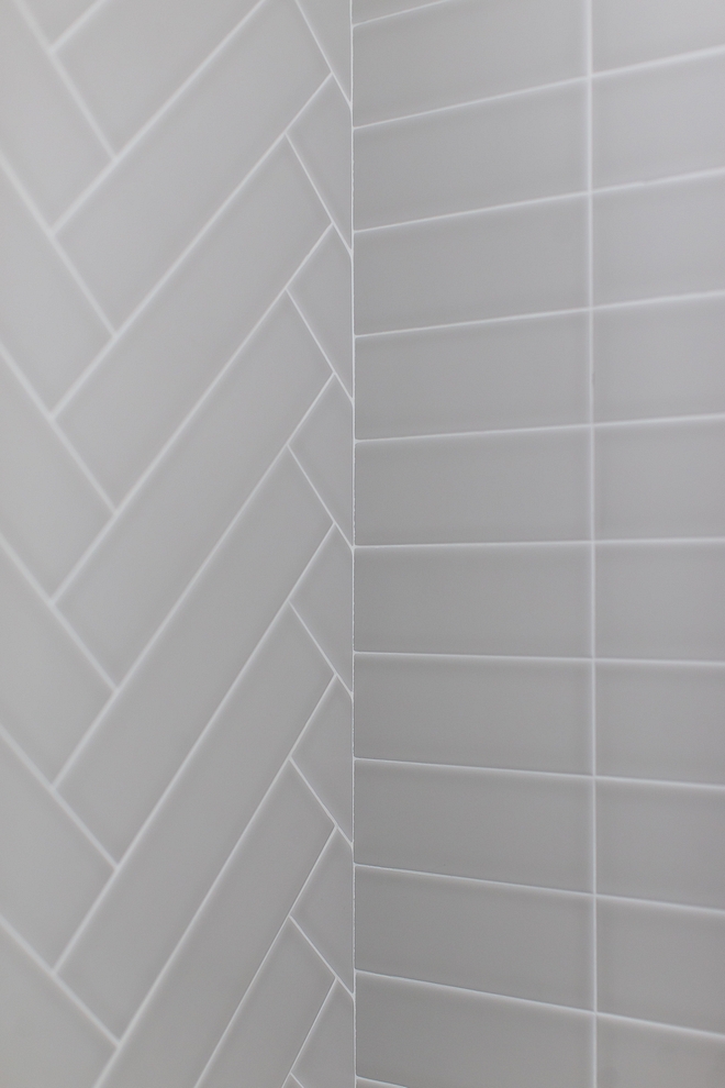 Matte Light Gray 4x16 tile in shower set straight and in herrinbone pattern Matte Light Gray 4x16 tile #Mattetile #LightGraytile