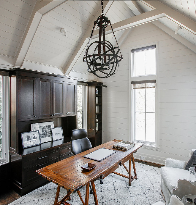 Shiplap Study White study with shiplap walls and shiplap ceiling with dark stained wood cabinets #ShiplapStudy #Whitestudy #shiplap #shiplapceiling #darkstainedcabinet