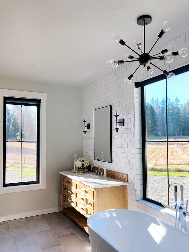 Sherwin Williams Agreeable Gray with white subway tile and grey floor tile Sherwin Williams Agreeable Gray Sherwin Williams Agreeable Gray Paint Color Sherwin Williams Agreeable Gray Sherwin Williams Agreeable Gray #SherwinWilliamsAgreeableGray