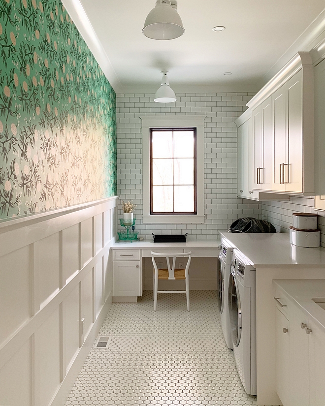 Laundry room White laundry room with grid board and batten wainscoting, subway tile backsplash and matte white hex floor tile grid board and batten wainscoting #laundryroom #gridboardandbattenwainscoting #gridwainscoting #boardandbatten #wainscoting #Laundryroom