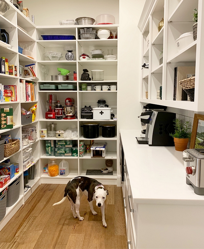 Pantry Pantry with countertop Pantry with cabinets We placed a countertop in here to keep our kitchen counters from being cluttered with appliances, like a toaster and mixer We also added big drawers underneath for easy snack access for the kids #Pantry #Pantrycountertop #Pantrycabinetry