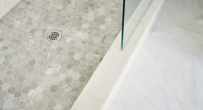 Shower Pan is 3” Marble Hexagon tile with Bright White Grout Lower Shower Pan Tile Shower Pan Ideas Shower Pan Tiling #ShowerPan #ShowerPantile #ShowerPantiling #ShowerPanideas