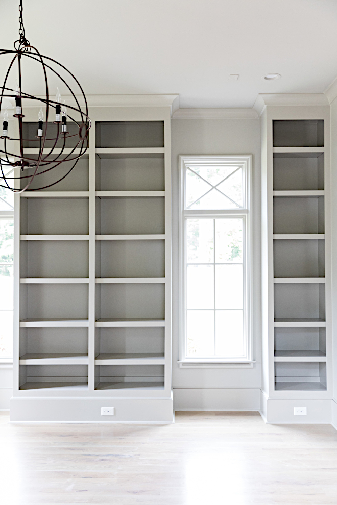 Grey bookcase paint color Grey Paint Color Mindful Gray SW 7016 by Sherwin-Williams Walls are in eggshell and trim and windows are in semi-gloss Mindful Gray SW 7016 by Sherwin-Williams #greypaintcolor #greybookcase #MindfulGraySW7016SherwinWilliams