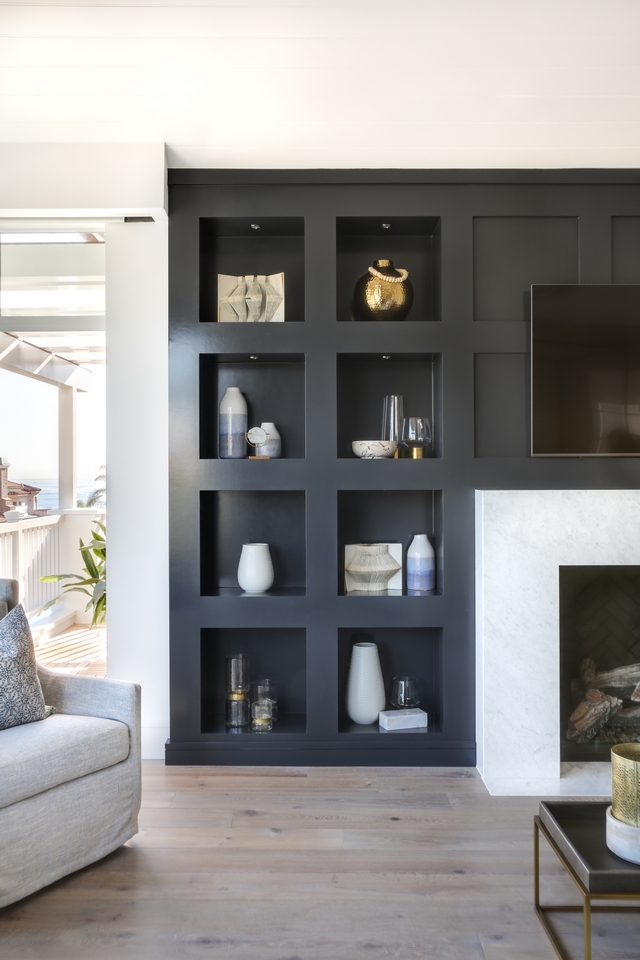 Jet Black Built-in Bookcase Jet Black Built-in Bookcase Bookcase Cabinetry Paint Grade with square detail #JetBlack #BuiltinBookcase #blackBookcase