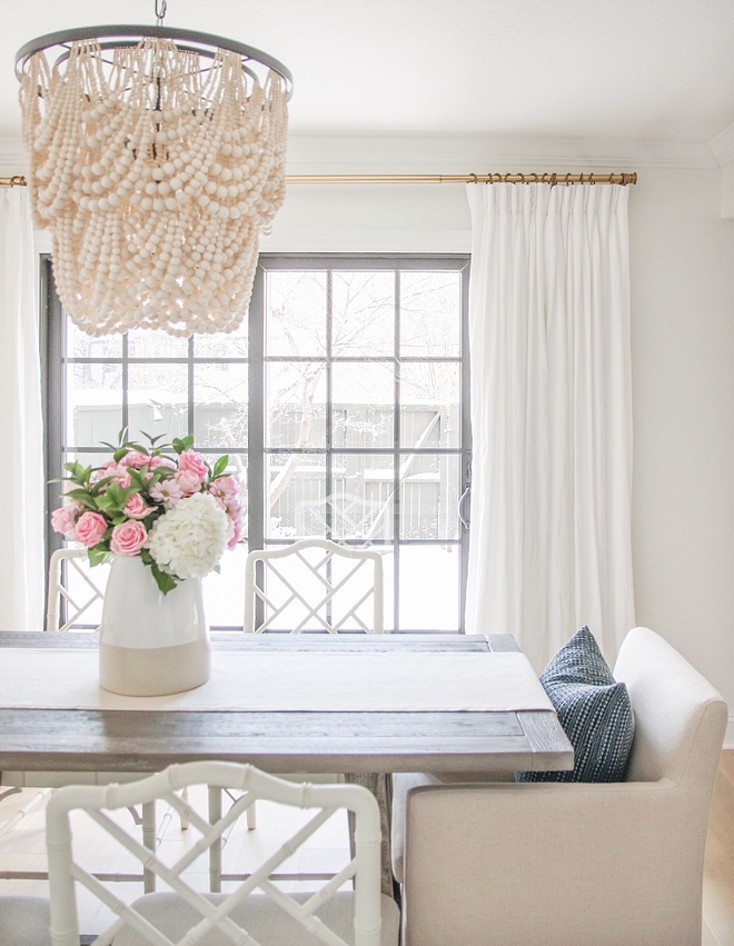 Neutral Dining Room Neutral Dining Room Ideas Gorgeous Neutral Dining Room with Beaded Chandelier, Linen Draperies and Brass Rod #Neutral Dining Room #NeutralInteriors #NeutralDiningRoom #BeadedChandelier #LinenDraperies #BrassRod