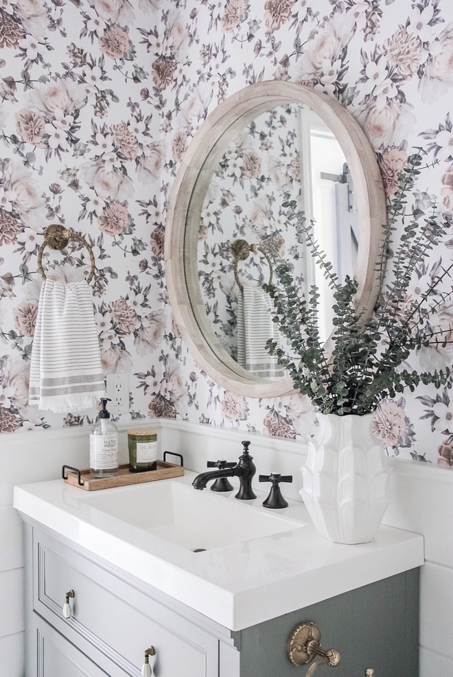 Floral Wallpaper Half bathroom Floral Wallpaper and grey vanity Floral Wallpaper Ideas #FloralWallpaper #bathroom #halfbathroom